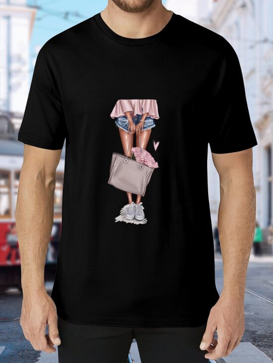 Other - Black Graphic Tee with Pink Accent - Casual Short Sleeve Shirt